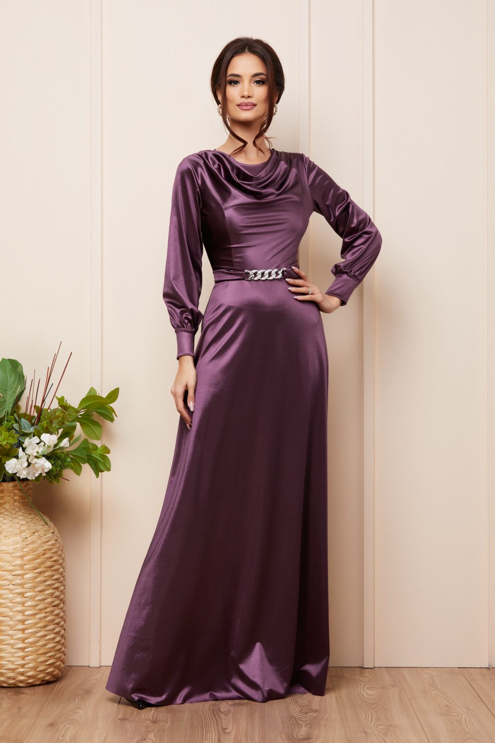 rochie lunga de ocazie violet din lycra satinat 3