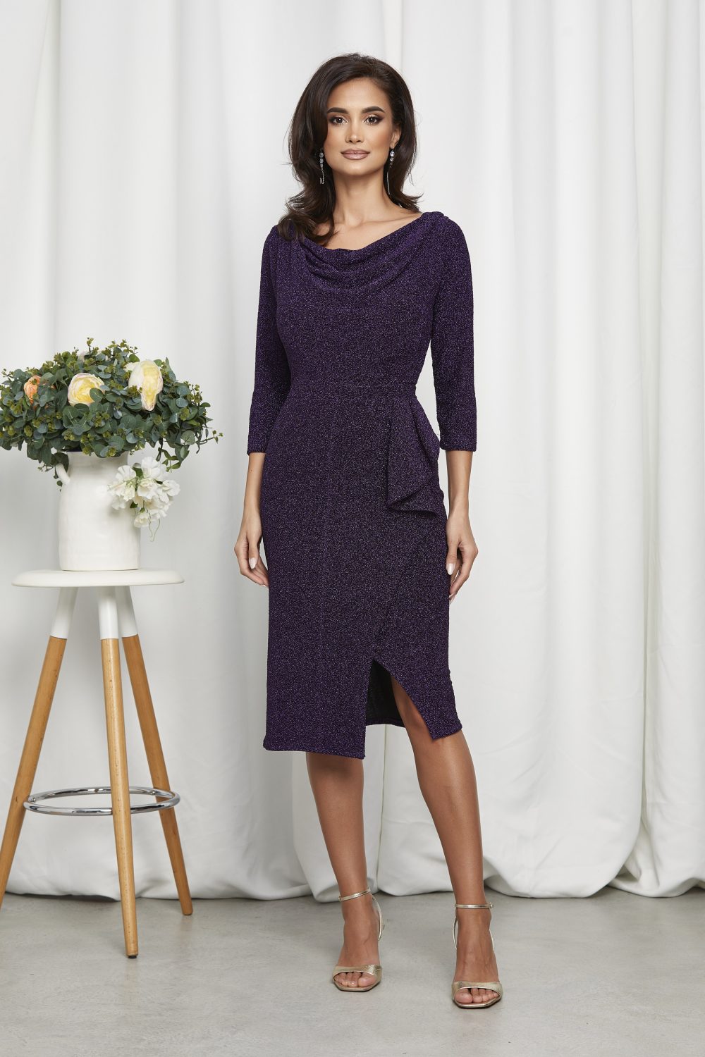 rochie midi eleganta violet din lycra cu fir metalic 3 scaled
